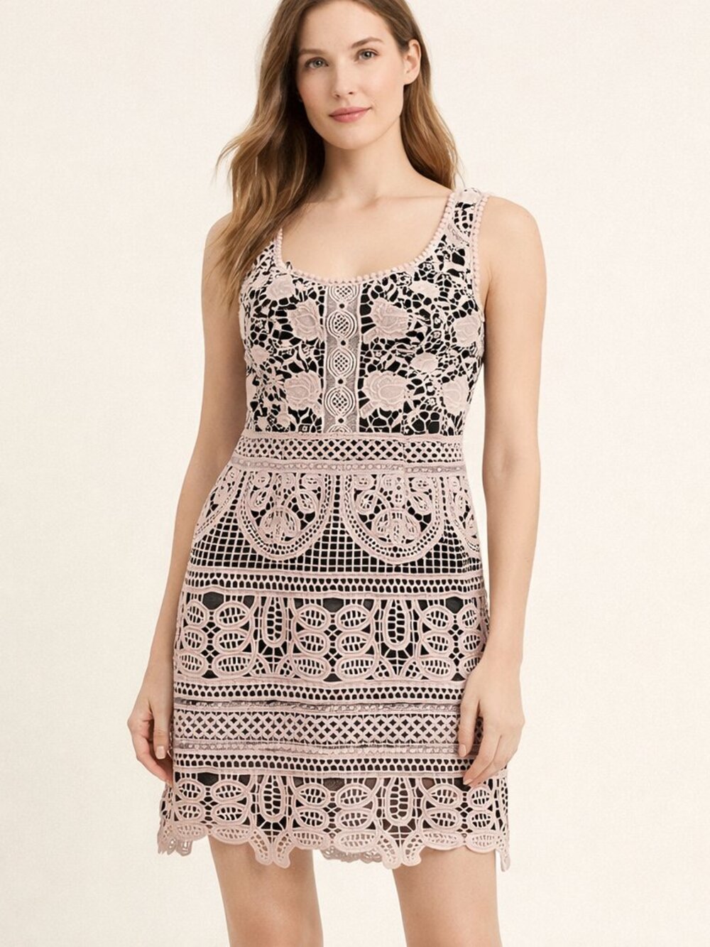 Nanette Lepore Viva Italia Lace Overlay Mini Dress in Pink/Black, Size 4